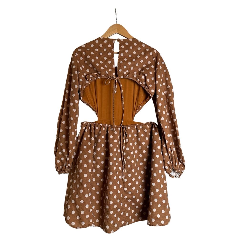 Charlie Holiday Halcyon Polka Dot Open Back Mini Dress Brown Linen Blend Size 10 - Picture 6 of 9